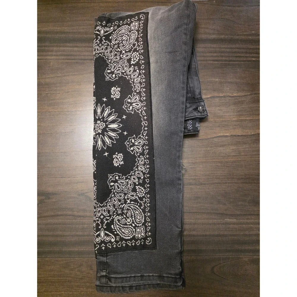 Rebel Vengeance Mens Faded Black Paisley Bandana Patchwork Skull Denim Jeans 28